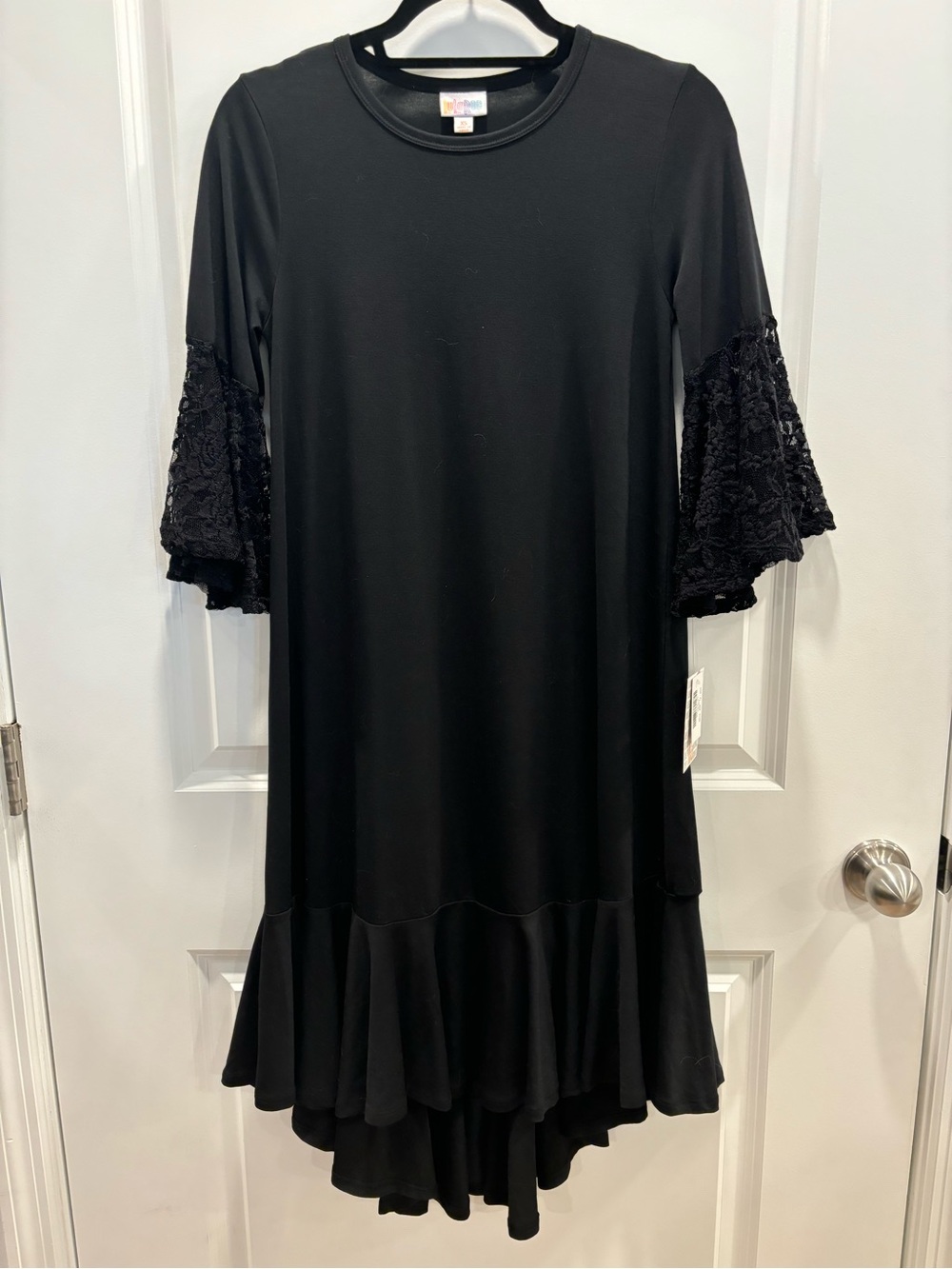 NWT LuLaRoe Maurine Black Ruffle Hem Dress with Lace Bell Sleeves
